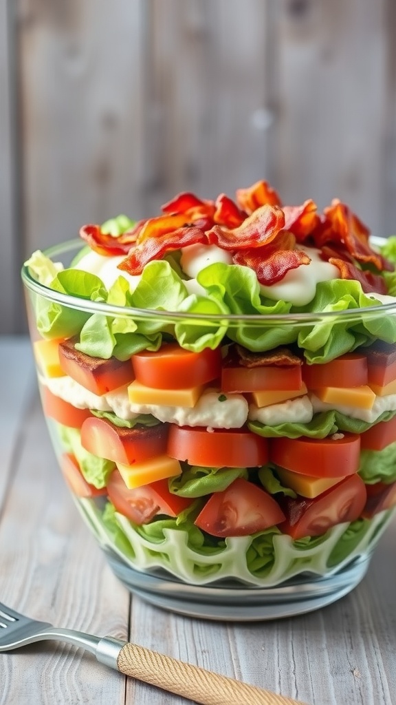 A colorful 9 layer salad with lettuce, tomatoes, cucumbers, eggs, cheese, and bacon in a clear bowl.